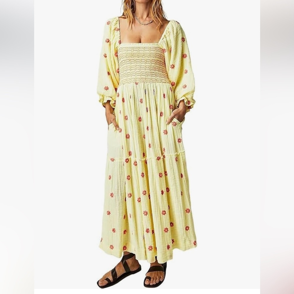 Free People Boho Yellow Floral Puff Sleeve Maxi Dress